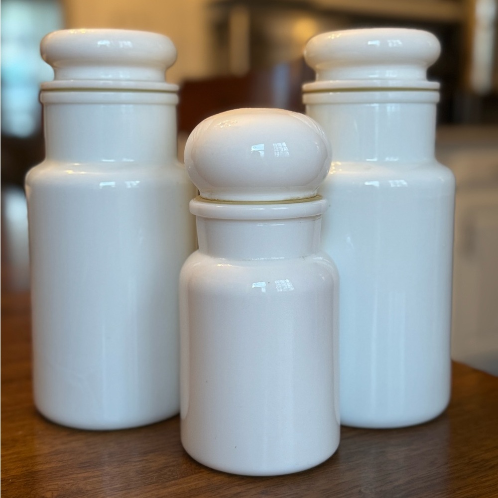 3 Vtg Apothecary Glass Storage Jar White Milk Glass Stoppers
